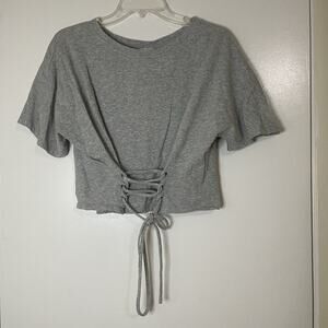MPC gray short sleeve lace up cropped shirt size medium